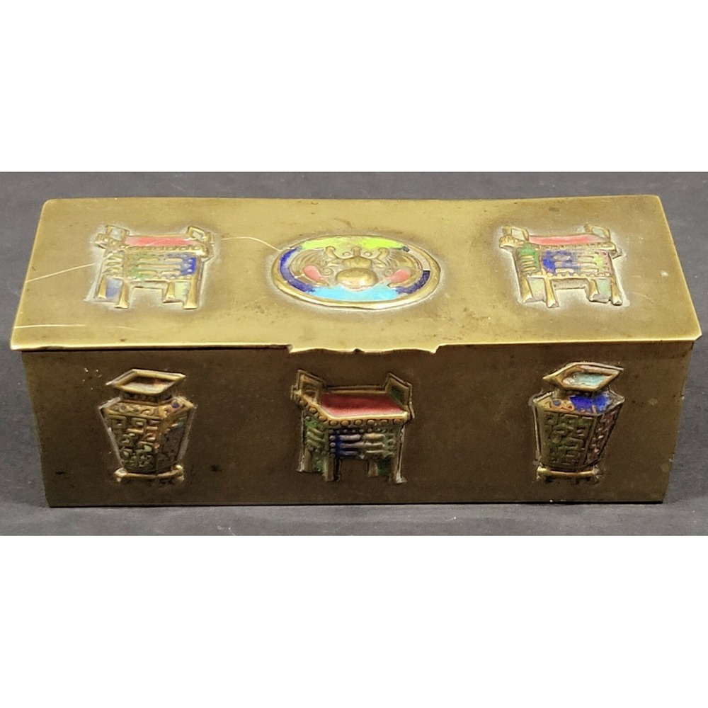 VINTAGE ORIENTAL ENAMELED BRASS‎ STAMP TRINKET BOX